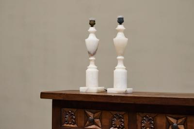 Pair of Large Table Lamps in Hand Carved Alabaster Italy 1950s