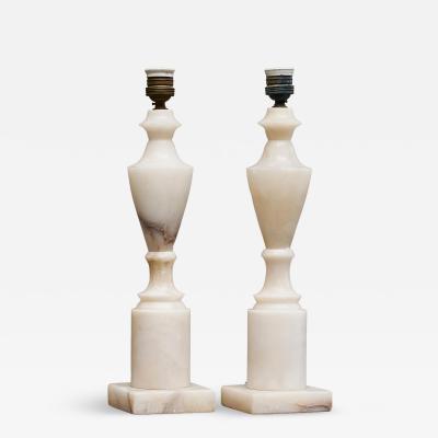 Pair of Large Table Lamps in Hand Carved Alabaster Italy 1950s