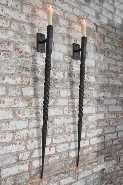 Pair of Large Twisted Hand Made Wrought Iron Wall Sconces