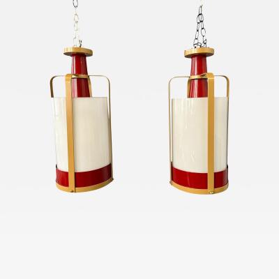 Pair of Large White Glass Pendant Lights with Brass and Red Colored Frame
