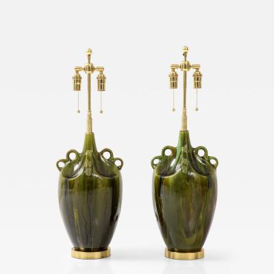 Pair of Large ceramic Lamps with a Beautiful Drip Glazed Finish 