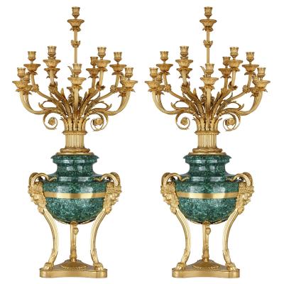 Pair of Large gilt bronze and malachite Neoclassical style candelabra