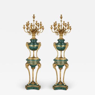Pair of Large gilt bronze and malachite Neoclassical style candelabra