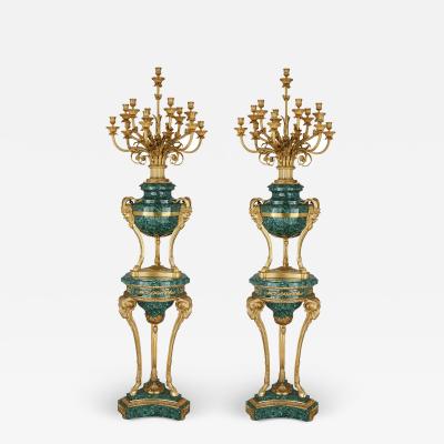 Pair of Large gilt bronze and malachite Neoclassical style candelabra