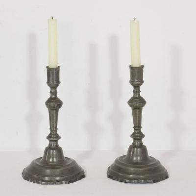 Pair of Late 18th Century French Neoclassical Pewter Candleholders