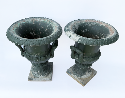 Pair of Late 19th Century Cast Iron Campana Form Garden Urns