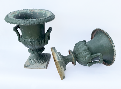 Pair of Late 19th Century Cast Iron Campana Form Garden Urns