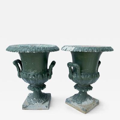 Pair of Late 19th Century Cast Iron Campana Form Garden Urns