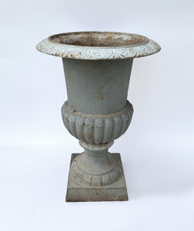 Pair of Late 19th Century Medici Cast Iron Urns in a Distressed Grey Patina