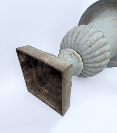 Pair of Late 19th Century Medici Cast Iron Urns in a Distressed Grey Patina