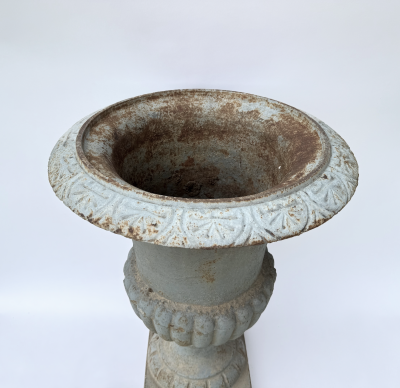 Pair of Late 19th Century Medici Cast Iron Urns in a Distressed Grey Patina