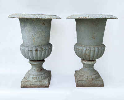 Pair of Late 19th Century Medici Cast Iron Urns in a Distressed Grey Patina