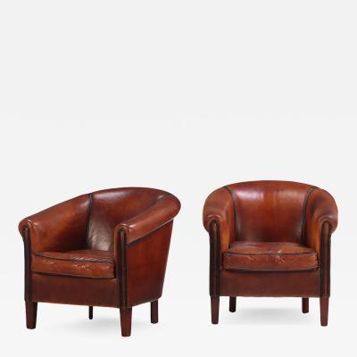 Pair of Leather Art Deco Style Dutch Club Chairs C 1960