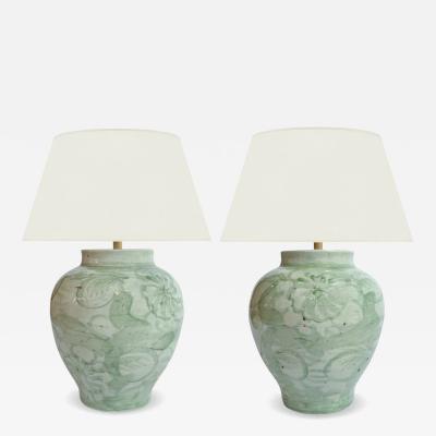 Pair of Light Green Chinoisrie Stoneware Lamps