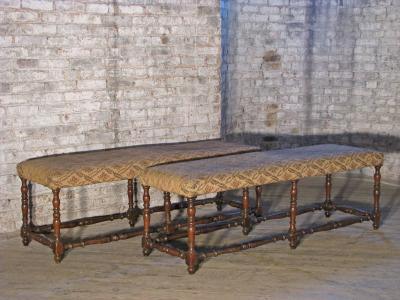 Pair of Long French early 18th Century Upholstered Walnut Benches