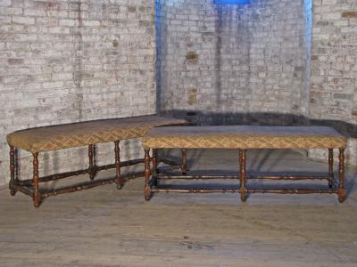 Pair of Long French early 18th Century Upholstered Walnut Benches
