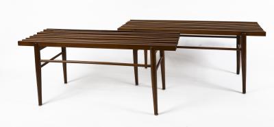 Pair of Long Italian XXth Century Slatted Walnut Benches