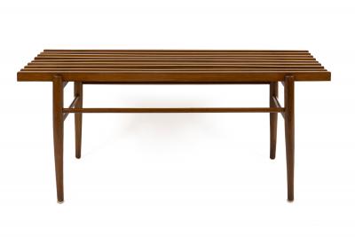 Pair of Long Italian XXth Century Slatted Walnut Benches