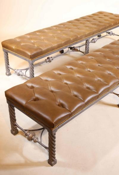 Pair of Long Modern Tufted Leather Benches