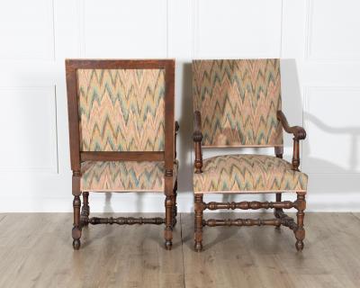Pair of Louis XIII Style Oak Armchairs with Upholstered Backs and Seats