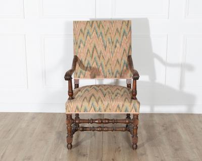 Pair of Louis XIII Style Oak Armchairs with Upholstered Backs and Seats