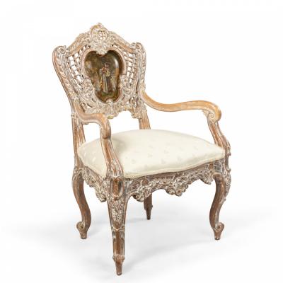 Pair of Louis XV Bleached Lattice Arm Chairs