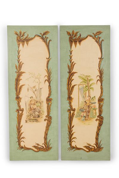 Pair of Louis XV Celadon Chinoiserie Genre Scenes