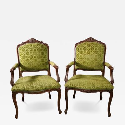 Pair of Louis XV French Provincial Kelly Green Velvet Arm Chairs