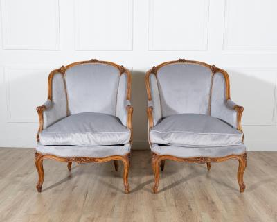 Pair of Louis XV Style Beech Gondola Armchairs in Gray Velvet 20th Century