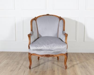 Pair of Louis XV Style Beech Gondola Armchairs in Gray Velvet 20th Century