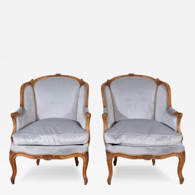 Pair of Louis XV Style Beech Gondola Armchairs in Gray Velvet 20th Century