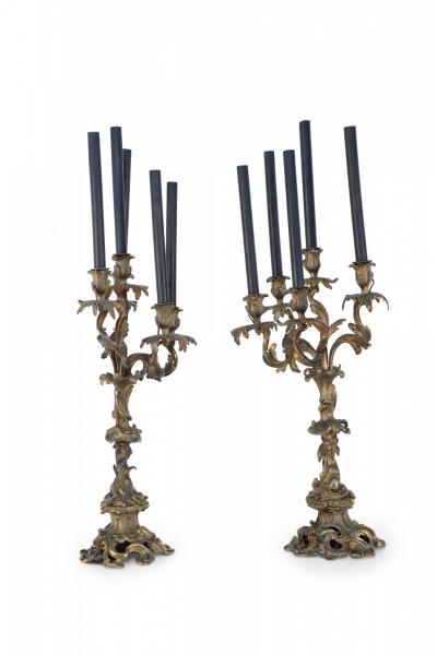 Pair of Louis XV Style Bronze 5 Arm Electrified Black Candle Candelabras