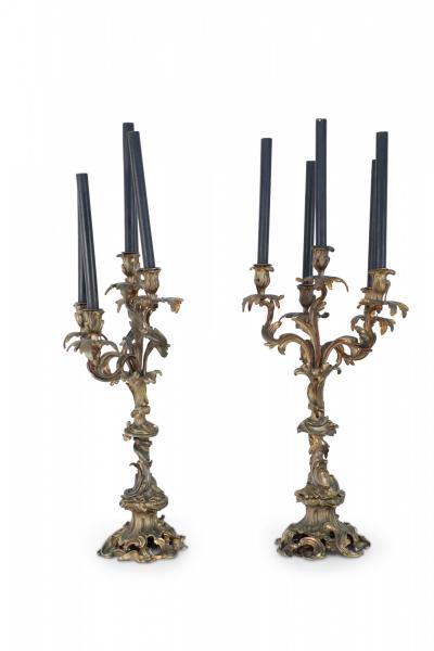 Pair of Louis XV Style Bronze 5 Arm Electrified Black Candle Candelabras