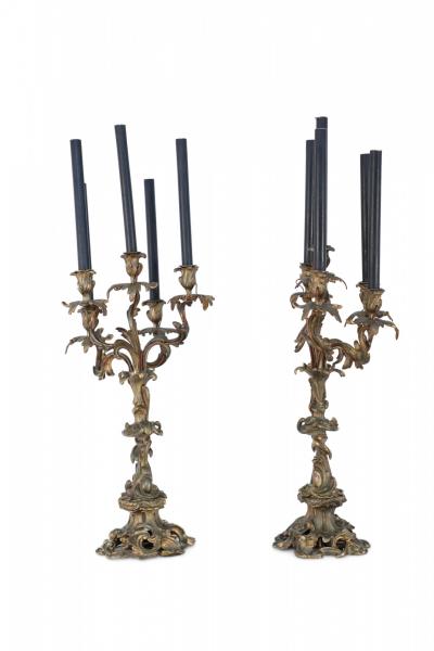 Pair of Louis XV Style Bronze 5 Arm Electrified Black Candle Candelabras
