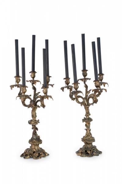 Pair of Louis XV Style Bronze 5 Arm Electrified Black Candle Candelabras