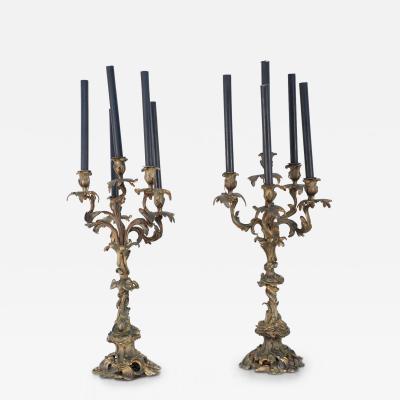 Pair of Louis XV Style Bronze 5 Arm Electrified Black Candle Candelabras