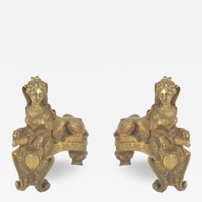 Pair of Louis XV Style Bronze Dore Sphinx Andirons