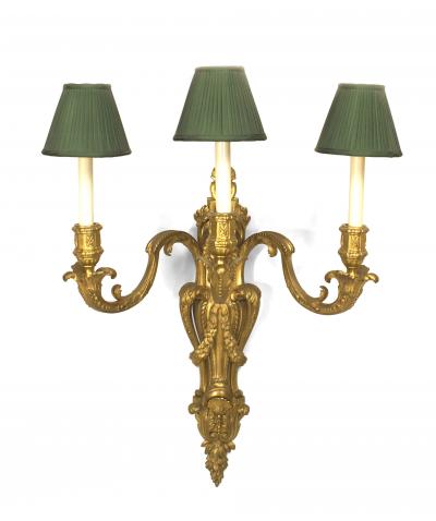 Pair of Louis XV Style Bronze Wall Sconces with Green Shades
