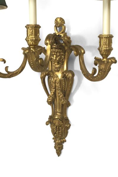 Pair of Louis XV Style Bronze Wall Sconces with Green Shades