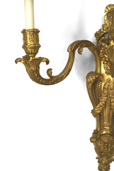Pair of Louis XV Style Bronze Wall Sconces with Green Shades
