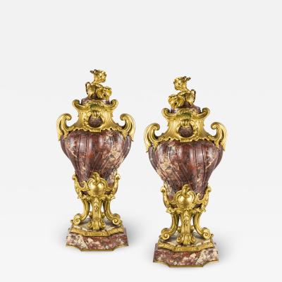 Pair of Louis XV Style Gilt Bronze Mounted and Fleur de P cher Marble Cassolets