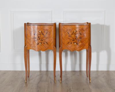 Pair of Louis XV Style Marquetry Bedside Tables with Floral Inlay