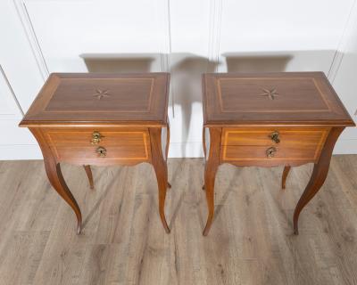 Pair of Louis XV Style Walnut Bedside Tables with Inlaid Details