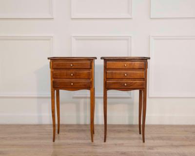 Pair of Louis XV Style Walnut Bedside Tables with Three Drawers France