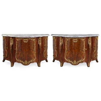 Pair of Louis XV style ormolu mounted mahogany and marble commodes