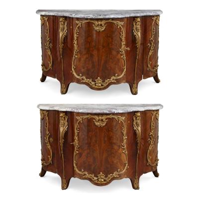 Pair of Louis XV style ormolu mounted mahogany and marble commodes