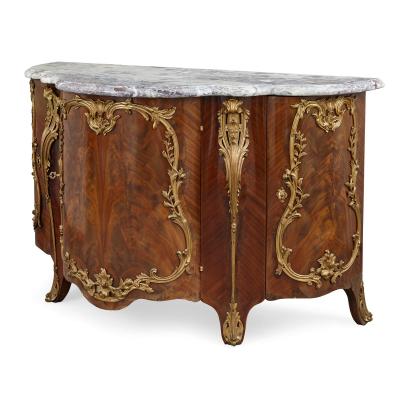 Pair of Louis XV style ormolu mounted mahogany and marble commodes