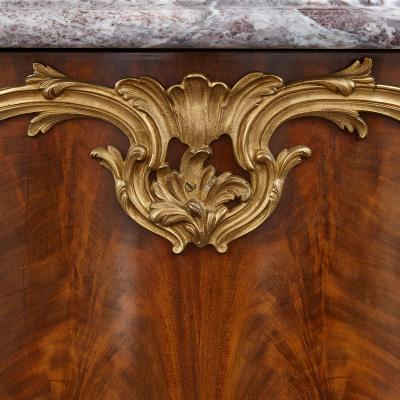 Pair of Louis XV style ormolu mounted mahogany and marble commodes