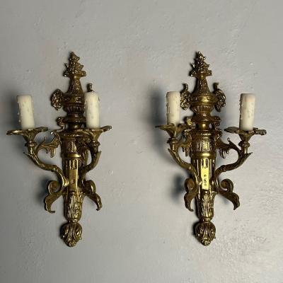 Pair of Louis XVI Adams Style Bronze Ornate Sconces Two Light France 1940s