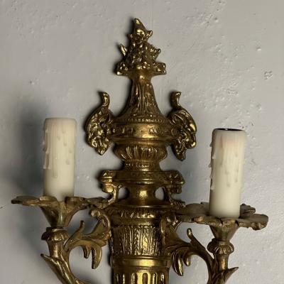 Pair of Louis XVI Adams Style Bronze Ornate Sconces Two Light France 1940s